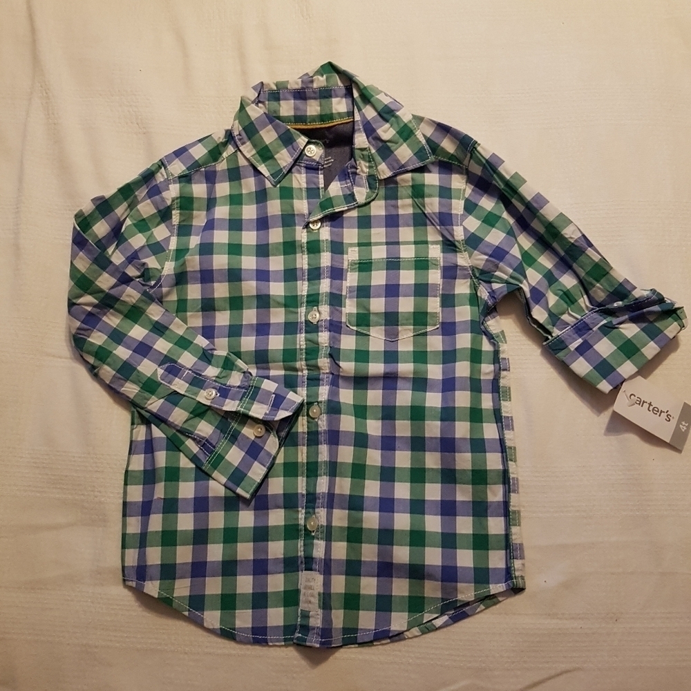 Carter's boys size 4T checkered blue, green & white button down, New